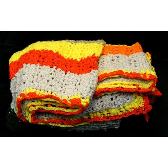Hand Crochet Horizontal Striped Multicolor Queen Size Blanket Throw Afghan Yello - Picture 7 of 8